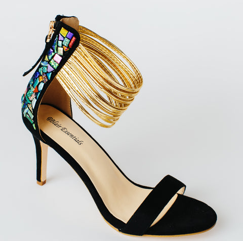 "Lindsey Blair" Shoes - Gold Strap with Glass going up the Heel