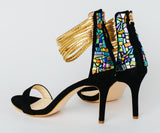 "Lindsey Blair" Shoes - Gold Strap with Glass going up the Heel